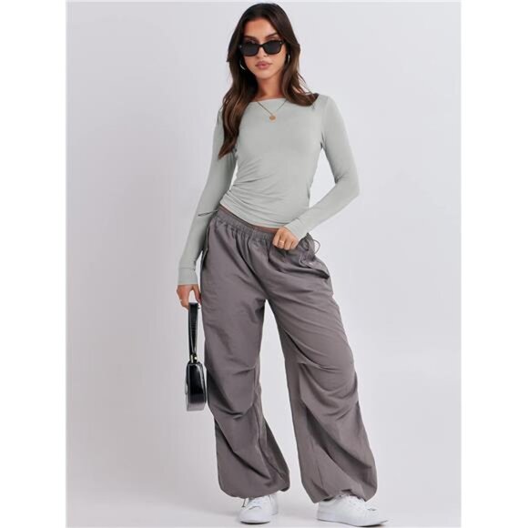 Women’s Basic Crewneck Long Sleeve Grey‎ Shirts Tight Fitted Going Out Crop Tops - Picture 5 of 6